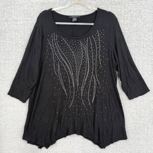 Adele & May Top Size 1X Black Rhinestone Embellished 3/4 Sleeve Tunic Whimsygoth